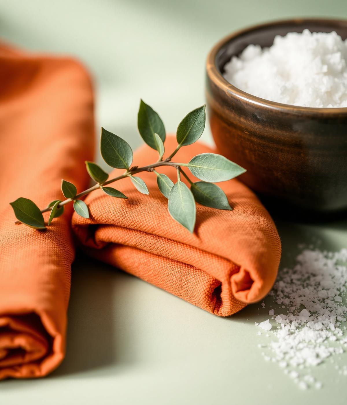 Folded burnt orange linen with eucalyptus and bath salts